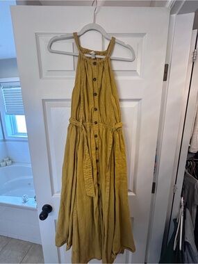 Banana Republic Mustard Yellow Button-Front Linen Halter Maxi